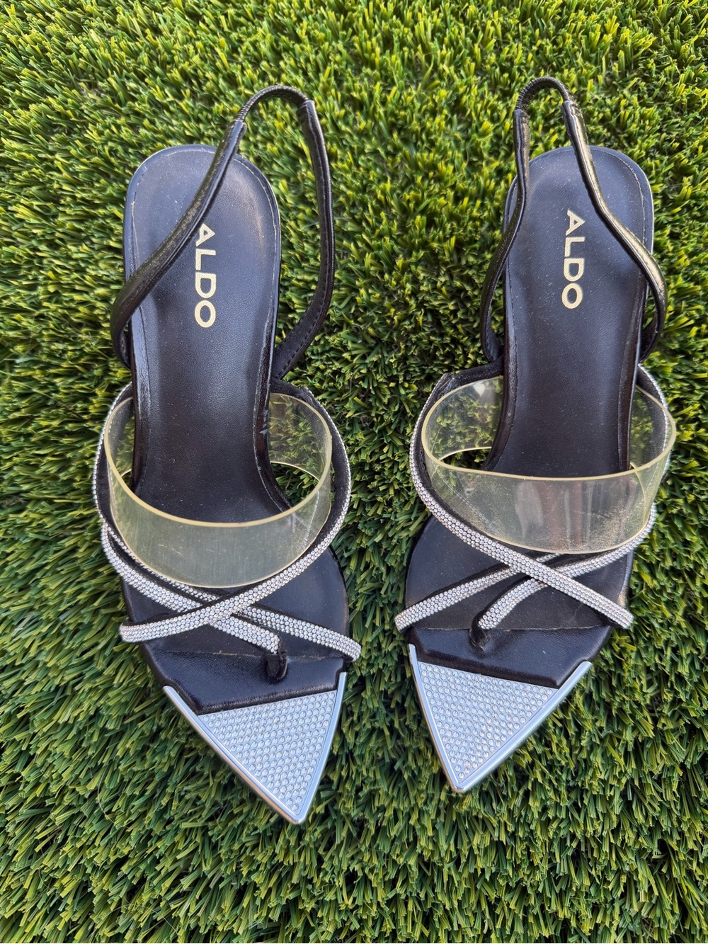 Aldo Black Pointed Toe Slingback Sandals with Clear Strap and Silver Accents